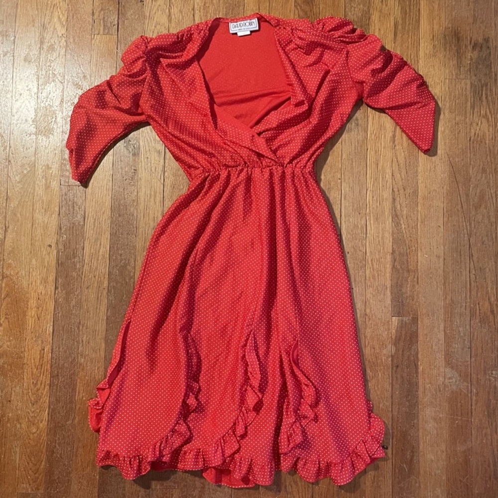 David Robin - Vintage 1970s - Ruffled red and white polka dot midi swing dress